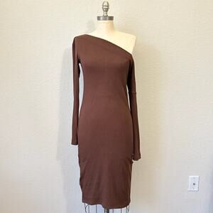ENZA COSTA One Shoulder Midi Dress Brown Bodycon Ribbed Knit Stretch
